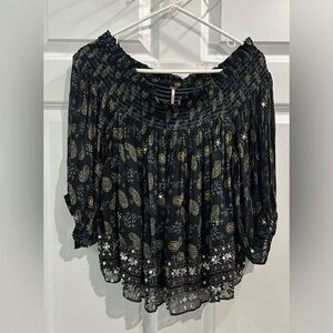 Free People Size L Age of Aquarius Off Shoulder Paisley Sequin Top Fairy Festive
